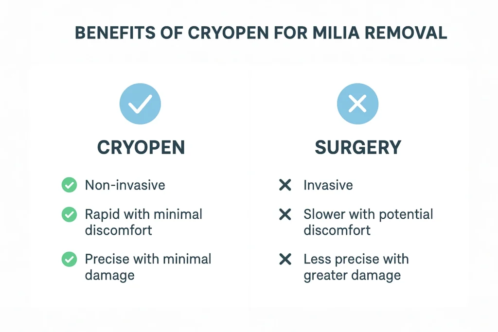 Benefits of cryopen for milia removal Poole compared to surgical treatments.