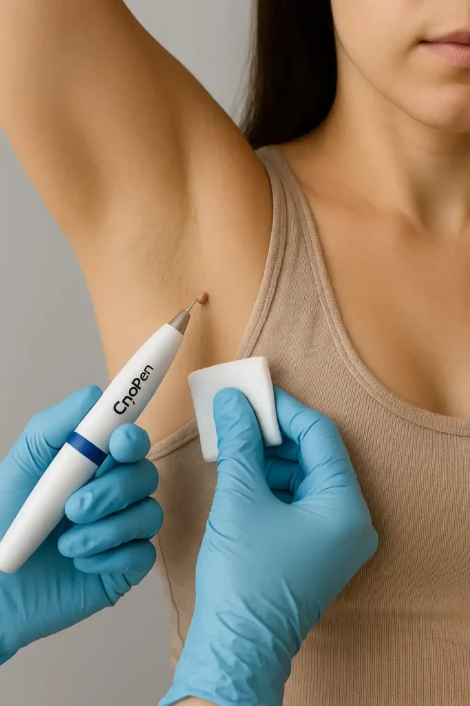 woman having cryopen to remove underarm skin tags Poole