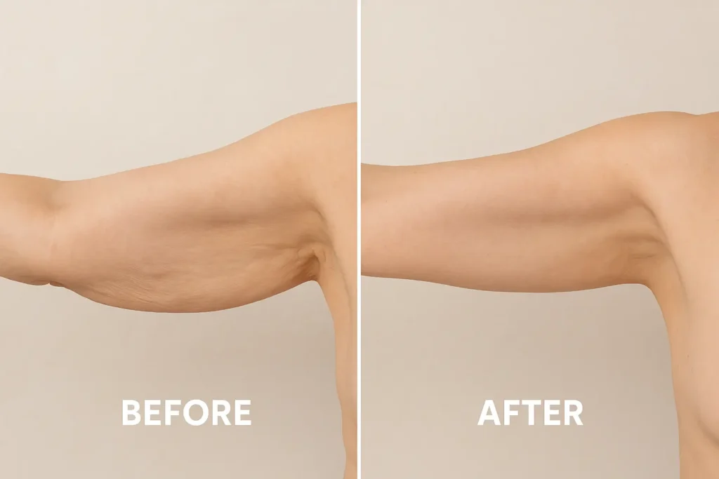 Picture of LA LIPO Poole before and after results of skin tightening treatment on the upper arms.