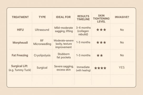 Table showing the comparisons of Skin tightening Poole treatment options.